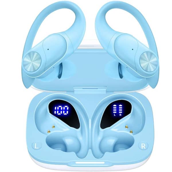 Etokfoks Premium Deep Bass IPX7 Wireless Earbuds with Wireless Charging Case Digital Display, Blue