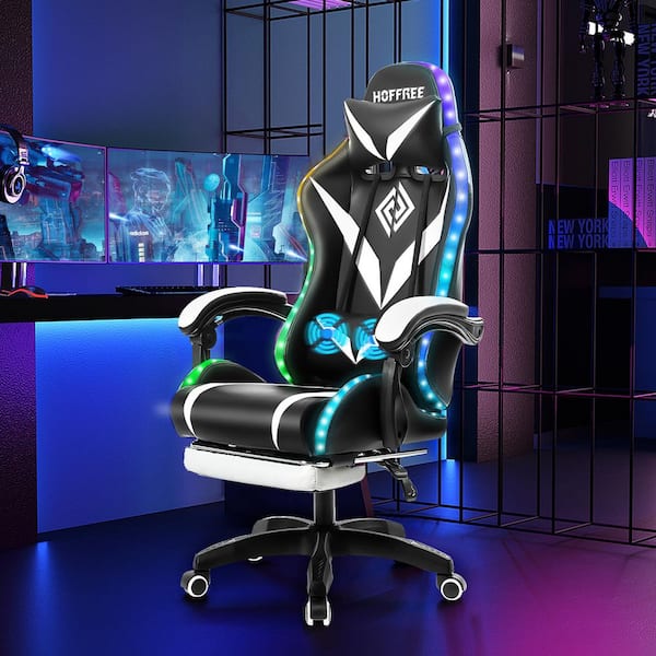Hoffree Faux Leather Massage Ergonomic Gaming Chair in White with LED Lights Footrest