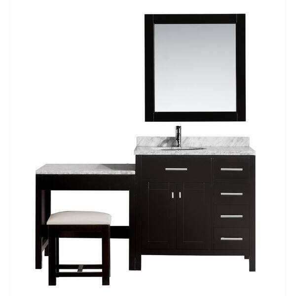 Design Element London 36 in. W x 22 in. D Vanity in Espresso with Marble Vanity Top in Carrara White, Mirror and Makeup Table