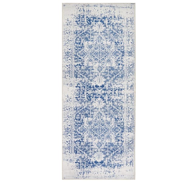 Himalayas Navy Creme 2 ft. 2 in. x 6 ft. Machine Washable Modern Floral Abstract Polyester Non-Slip Backing Area Rug