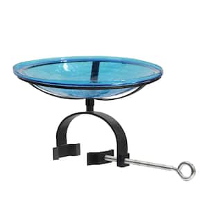 14 in. Dia Round Teal Blue Crackle Glass Birdbath with Black Wrought Iron Over Rail Bracket