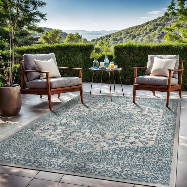 Athena Teal 6 ft. x 9 ft. Rubber Back Washable Oriental Border Indoor Outdoor Patio Area Rug