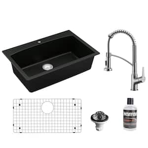 QT-712 Quartz 33 in. Single Bowl Drop-In Kitchen Sink in Black with KKF210 Faucet in Stainless Steel