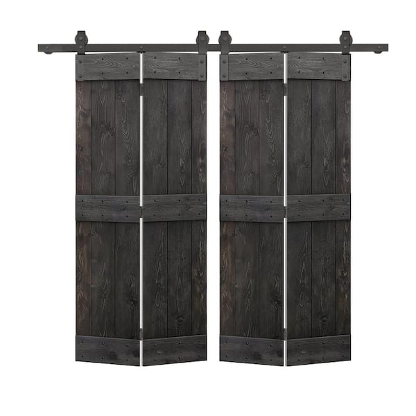 CALHOME 48 in. x 84 in. Mid-Bar Solid Core Charcoal Black Stained DIY Wood Double Bi-Fold Barn Doors with Sliding Hardware Kit