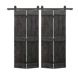 56 in. x 84 in. Mid-Bar Series Charcoal Black Stained DIY Wood Double Bi-Fold Barn Doors with Sliding Hardware Kit