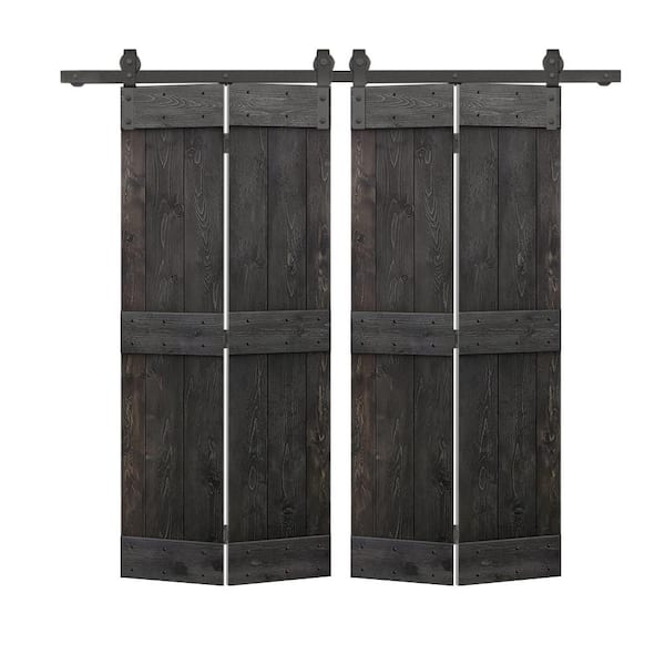 CALHOME 60 in. x 84 in. Mid-Bar Solid Core Charcoal Black Stained DIY Wood Double Bi-Fold Barn Doors with Sliding Hardware Kit