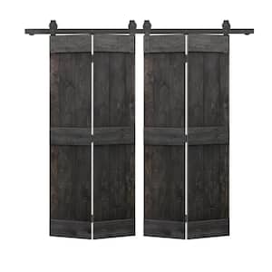 Mid-Bar Pre Assembled 64 in. x 84 in. Solid Core Black Stained Wood Double Bi-Fold Barn Doors with Sliding Hardware Kit