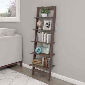 50 in. Walnut Wood 5-shelf Ladder Bookcase with Open Back