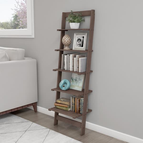 Lavish Home 50 in. Walnut Wood 5-shelf Ladder Bookcase with Open Back