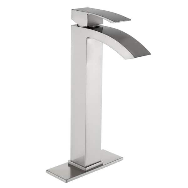 AIMADI Single Handle Waterfall Bathroom Vessel Sink Faucet with Deckplate 1 Hole High Tall Bathroom Basin Tap in Brushed Nickel