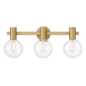 Wright 25 in. 3-Light Warm Brass Vanity Light with Clear Glass Shades