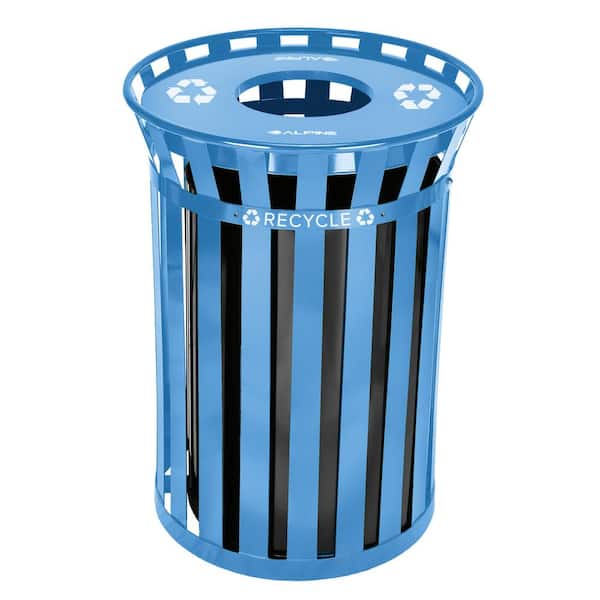 38 Gal. Outdoor Metal Slatted Vented Commercial Recycling Bin Receptacle, Blue