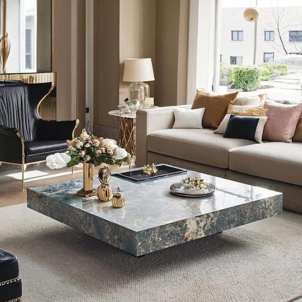 JASIWAY Green 39.37 in. Square Rock Plate Stone Top Coffee Table J WB2303C 100GN