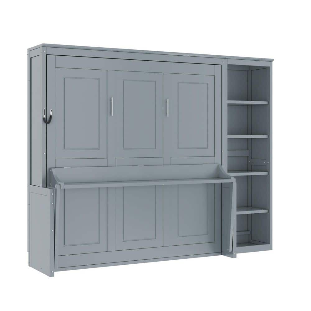 White Wood Frame Queen Size Murphy Bed Wall Bed with Integrated Desk and Storage Shelves - thumbnail 3