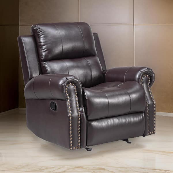 Benjara Brown Upholstery Manual Glider Recliner with Nailhead Trim