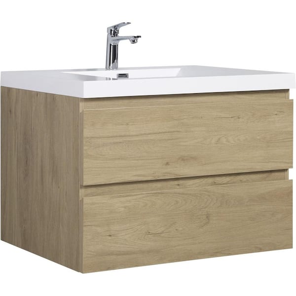 Espace 35.4 in. Modern Wall-Mounted Floating Natural Oak Bath Vanity with White Resin Top, Drawers