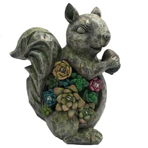1-Light 10 in. Integrated LED Solar Powered Stone Squirrel with Colorful Succulents