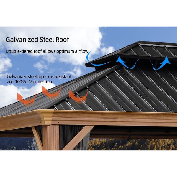 12 ft. x 16 ft.Wood Grain Patio Outdoor Gazebo for Backyard Hardtop Aluminum Frame with Hooks, Upgrade Netting 24-Lights