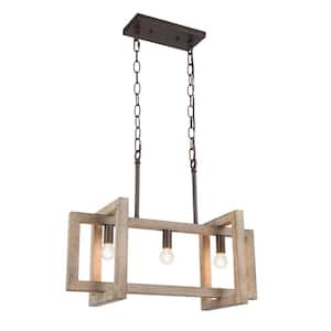 3-Light Rustic Distressed Wood Kitchen Island Chandelier Shades Pendant Light for Kitchen and Dining Area