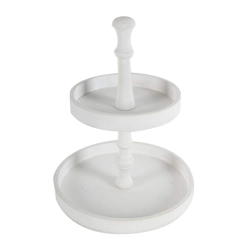 White Round Wood Decorative Platter, 2-Tiered Versatile Practical Handy Dur