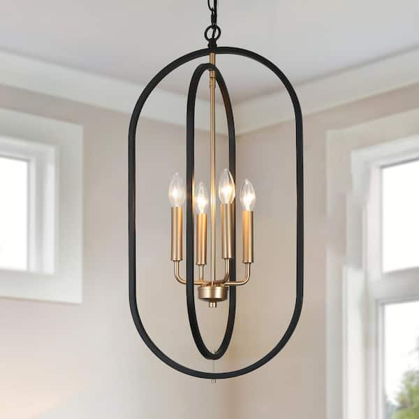 4-Light Farmhouse Lantern Dark Gold Dining Room Chandelier, Mid-Century Modern Chandelier, Black Cage Pendant Light