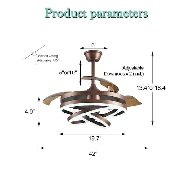 Boca 42 in. LED Indoor Brown DIY Shape 6-Speed Retractable Ceiling Fan with Light, Latest DC Motor and Remote Control
