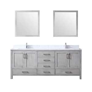 Jacques 80 in. W x 22 in. D Distressed Grey Double Bath Vanity, Carrara Marble Top, Faucet Set, and 30 in. Mirrors