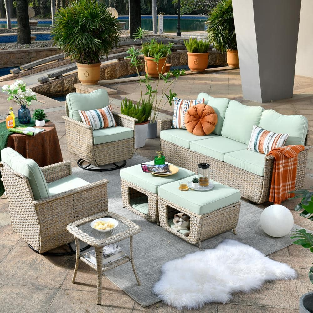 6-Piece Outdoor Wicker Sofa Set with Thick Cushions and Pillows - Beige