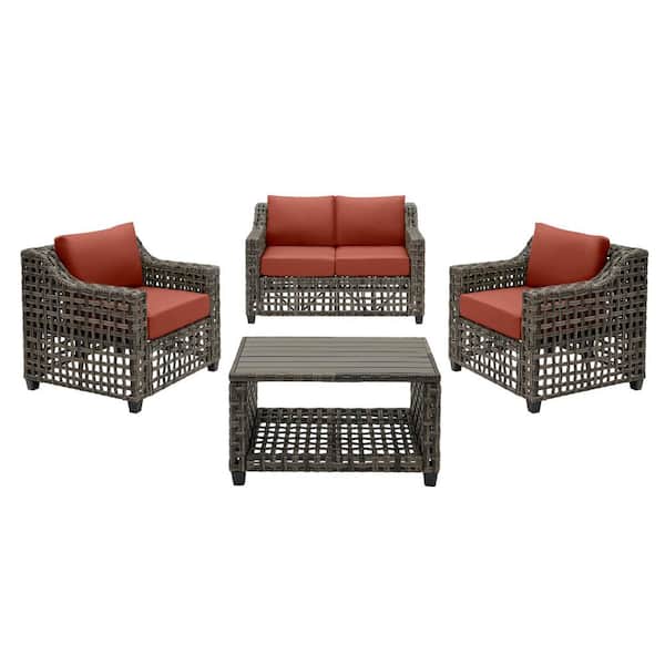 Hampton Bay Briar Ridge 4-Piece Brown Wicker Outdoor Patio Conversation Deep Seating Set with Sunbrella Henna Red Cushions
