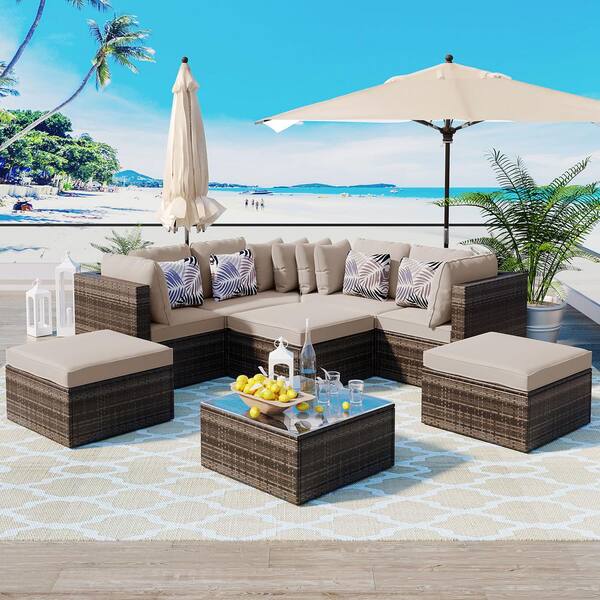 Unbranded 8-Piece Outdoor Brown Wicker Rattan Patio Conversation Sofa Set with Colorful Pillows, Ottomans and Beige Cushions