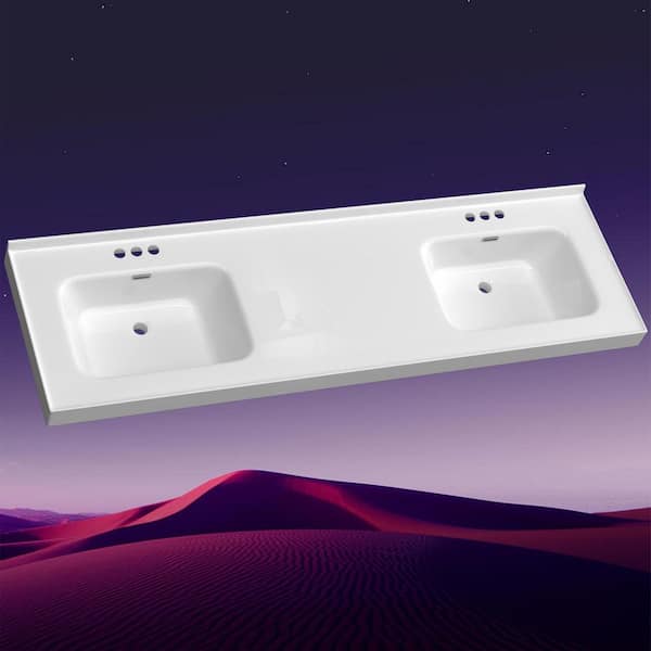 73 in. W x 22 in. D Solid Surface White Rectangular Double Sinks Vanity Top with Backsplash Bathroom Countertop in White