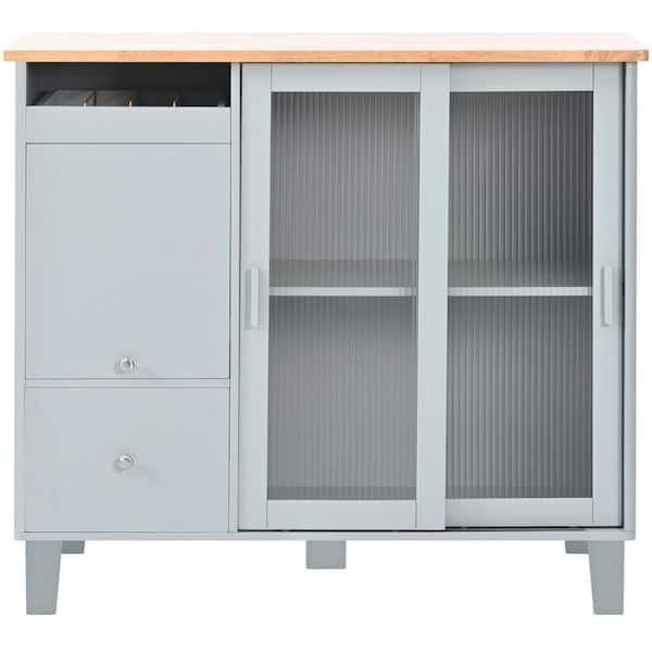 Unbranded Grey Blue LED Lighted Kitchen Cart with 2 Recessed Glass Doors and Adjustable Shelves