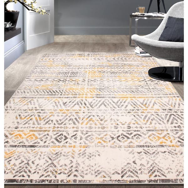 Geometric Distressed Bohemian 3 ft. 3 in. x 5 ft. Yellow Area Rug