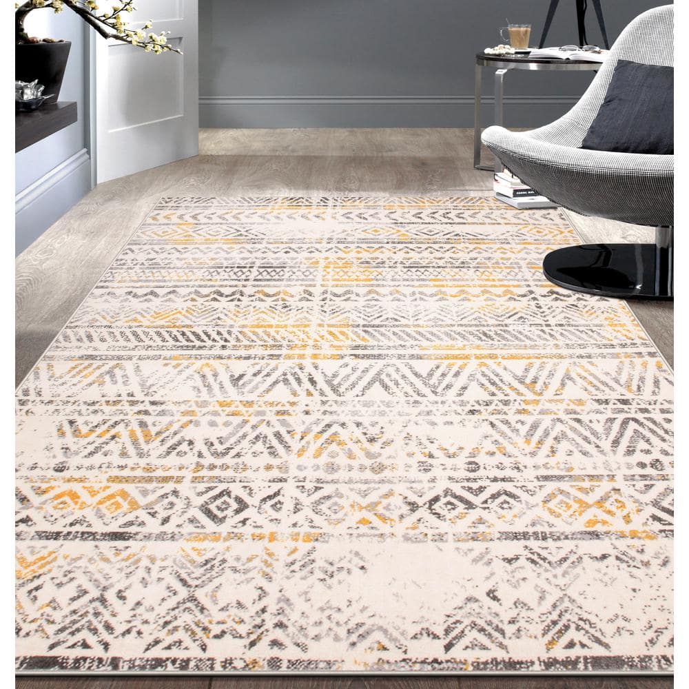 Cheerful Yellow Geometric 5' x 7' Easy-Care Synthetic Area Rug