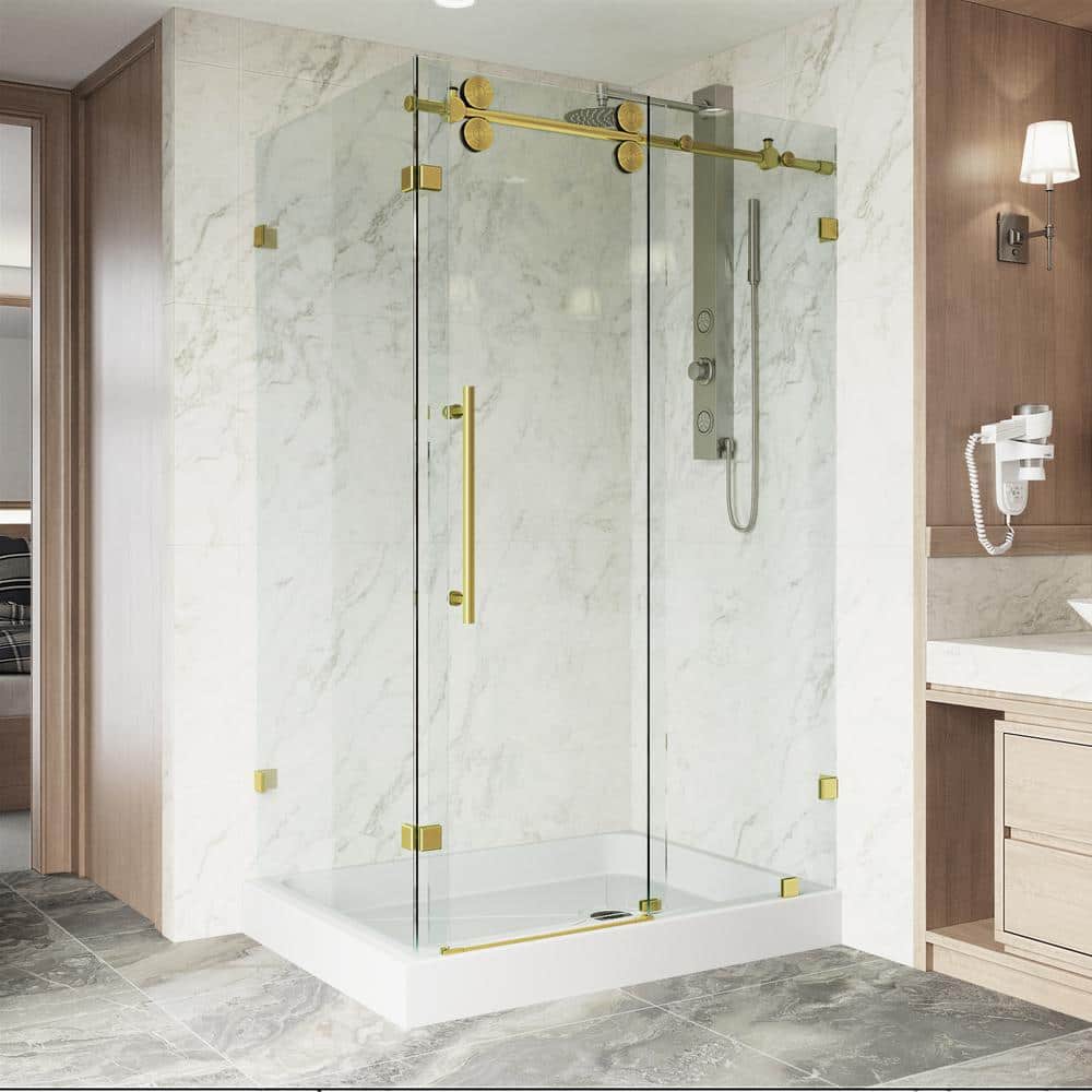 VIGO Winslow 36 in. L x 48 in. W x 79 in. H Frameless Sliding Shower  Enclosure Kit in Matte Brushed Gold with Clear Glass VG6051MGCL48WR The  Home Depot