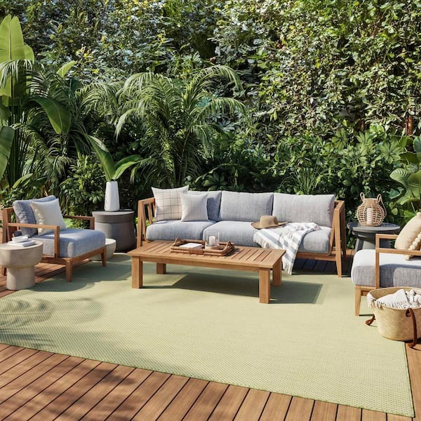 Courtyard Ivory Green 8 ft. x 10 ft. Geometric Contemporary Indoor/Outdoor Patio Area Rug