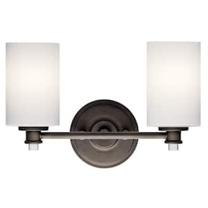 Joelson 14 in. 2-Light Olde Bronze Transitional Bathroom Vanity Light with Satin Etched Cased Opal Glass
