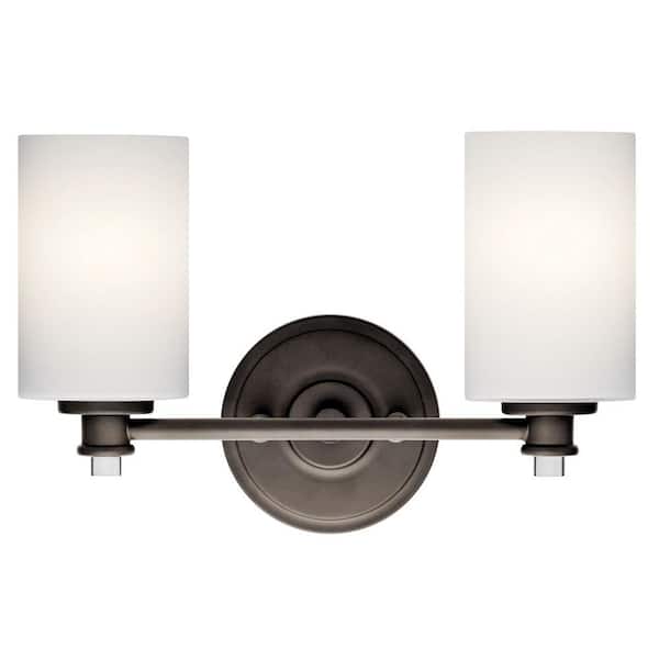 KICHLER Joelson 14 in. 2-Light Olde Bronze Transitional Bathroom Vanity Light with Satin Etched Cased Opal Glass
