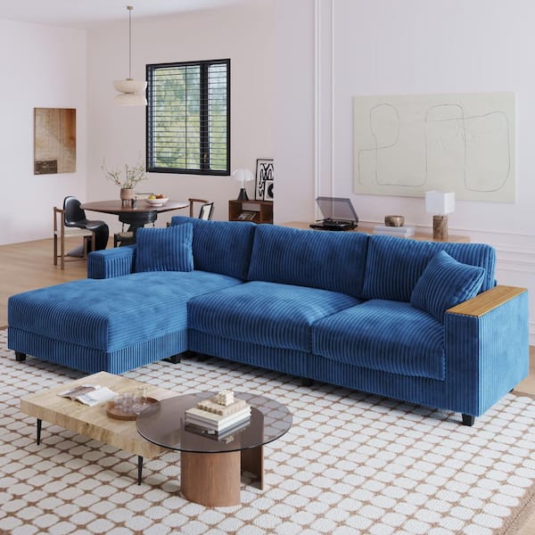 Kim 114.56 in. Corduroy Upholstery L-Shaped Sectional Sofa in. Antique Blue, Hidden Storage, Reversible Chaise, Pillows