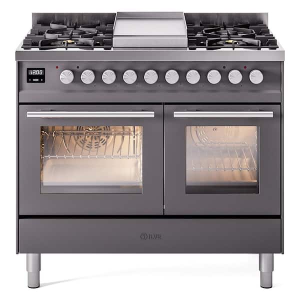 ILVE Professional Plus II 40 in. 6 Burner plus Griddle Freestanding Double Oven Dual Fuel Range in Matte Graphite