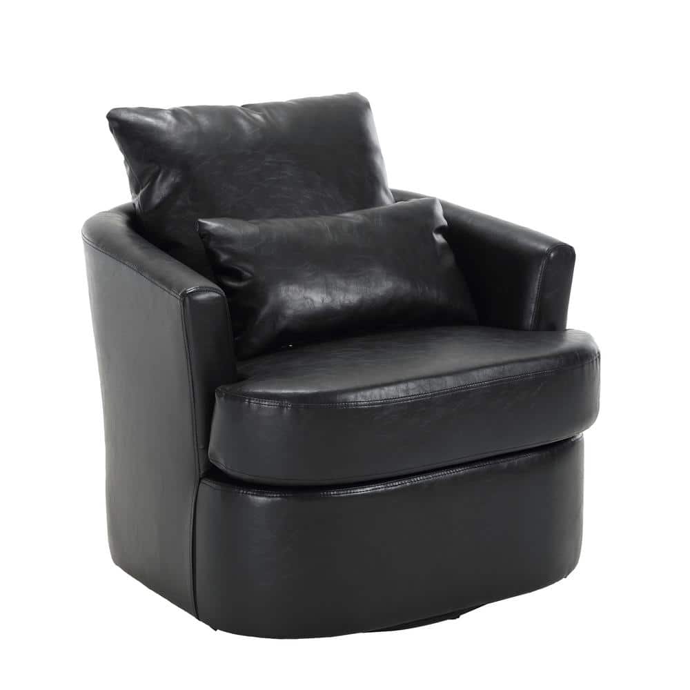 Black PU 360 Degree Comfy Round Swivel Barrel Club Chair, 300LBS