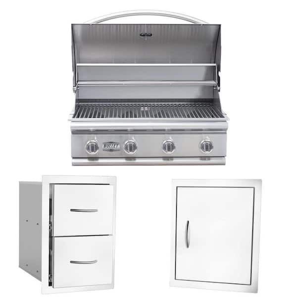 Bullet Series 4-Burner Built-In Liquid Propane Grill 30 in Stainless Steel w/Single Door, Double Drawer & Side Burner