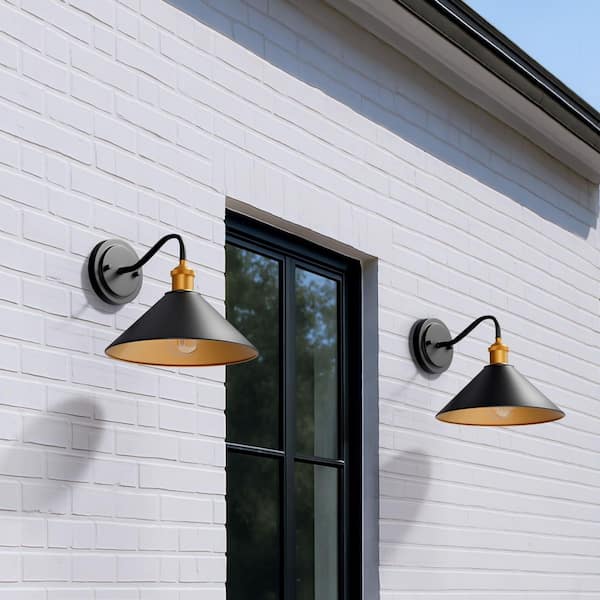 LuxeBarn 10 in. Black and Gold Outdoor Wall Lantern Mental Shade Sconce (2-Pack) with No Bulb Included