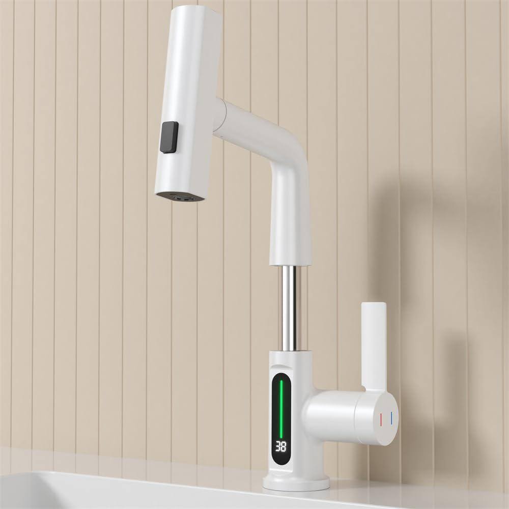 White Zinc Alloy Single Handle LED Bathroom Faucet