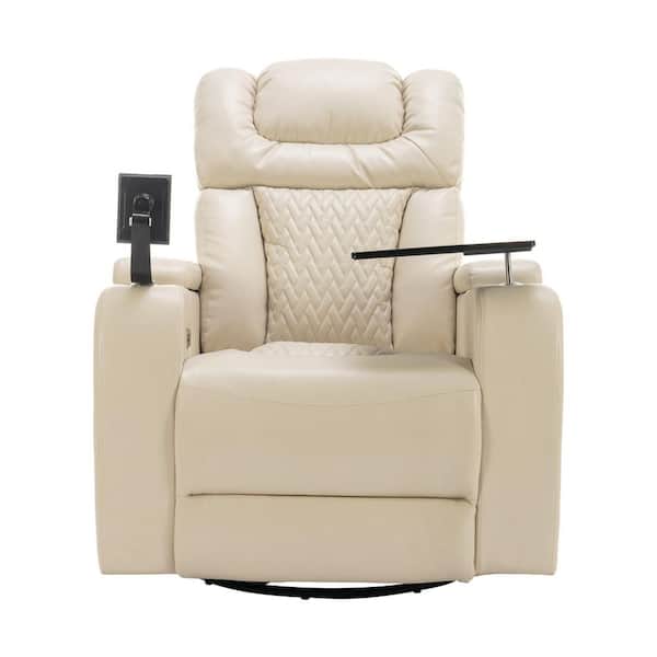 270 Degree Swivel White PU Leather Recliner with Phone and Cup Holder, Hidden Arm Storage and USB Port