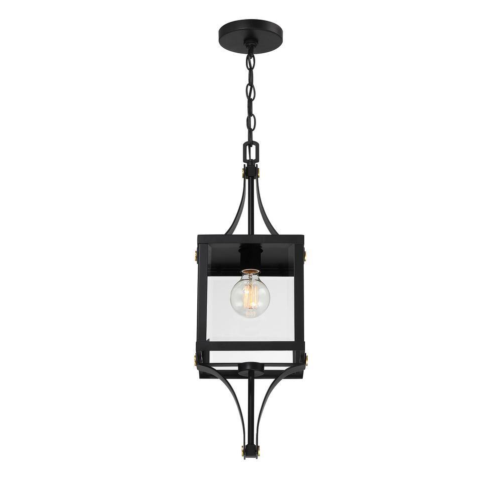 Raeburn Matte Black and Brass Outdoor Hanging Lantern with Clear Glass