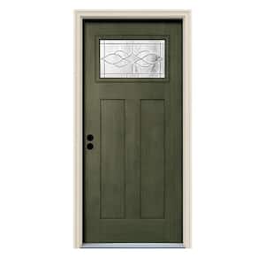 36 in. x 80 in. Juniper Right-Hand 1-Lite Craftsman Carillon Stained Fiberglass Prehung Front Door with Brickmould