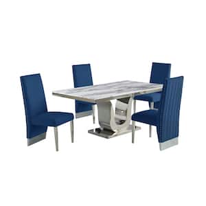 Ada 5-Piece White Marble Top With Stainless Steel Base Table Set With 4 Navy Blue Velvet, Nail Head Trim Chairs