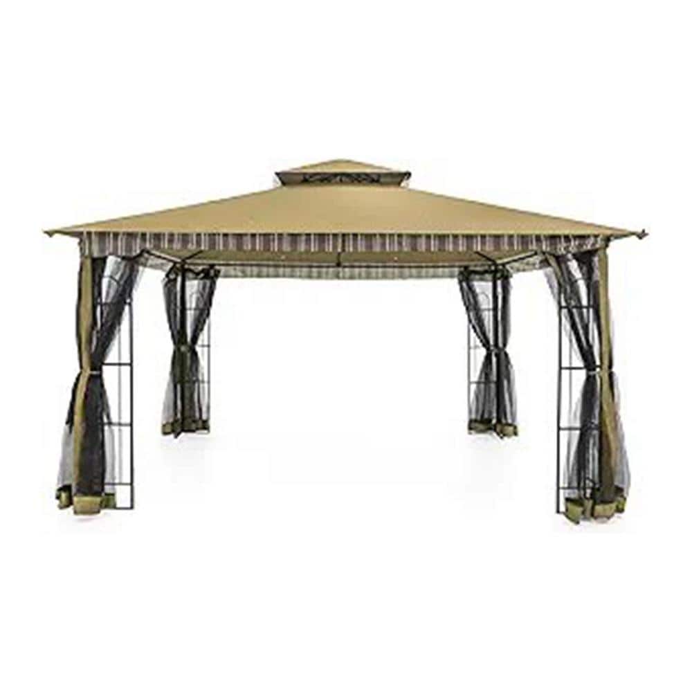 12 ft. x 10 ft. Beige Patio Gazebo with Netting, UPF 50 plus Double Tier Ro
