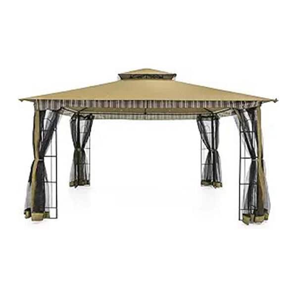 Unbranded 12 ft. x 10 ft. Beige Patio Gazebo with Netting, UPF 50 plus Double Tier Roof Gazebos